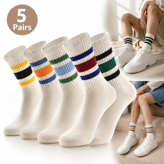 Retro Striped Crew Socks 5 Pairs , Seamless Toe Comfort for Men & Women - Slouch Scrunch Casual Socks, Soft Breathable Cotton Blend, Fashion Ankle Socks for Daily Wear, Sports, Unisex