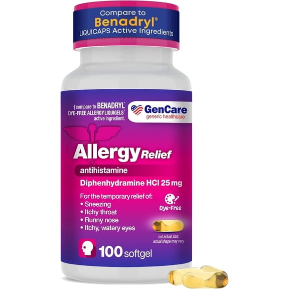GenCare Allergy Relief Antihistamine Softgels, Diphenhydramine HCl 25 mg, 100 Count
