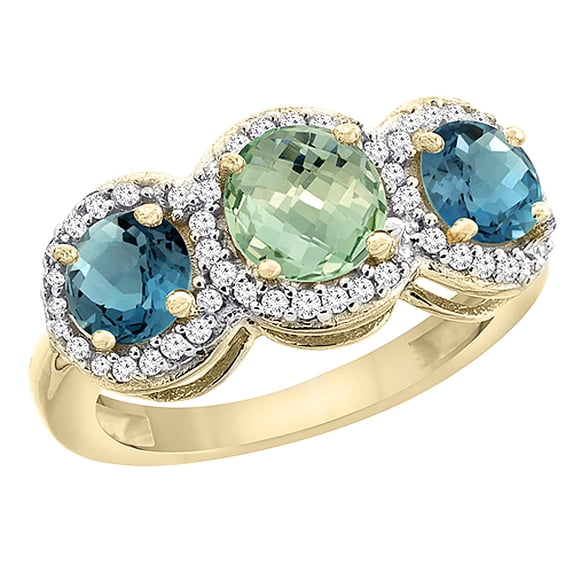 14K Yellow Gold Natural Green Amethyst & London Blue Topaz Sides Round 3-stone Ring Diamond Accents, size 10