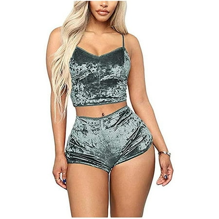 

Kiapeise Women Sexy Underwear Velvet Pajamas Set Crop Top +Shorts Jumpsuit