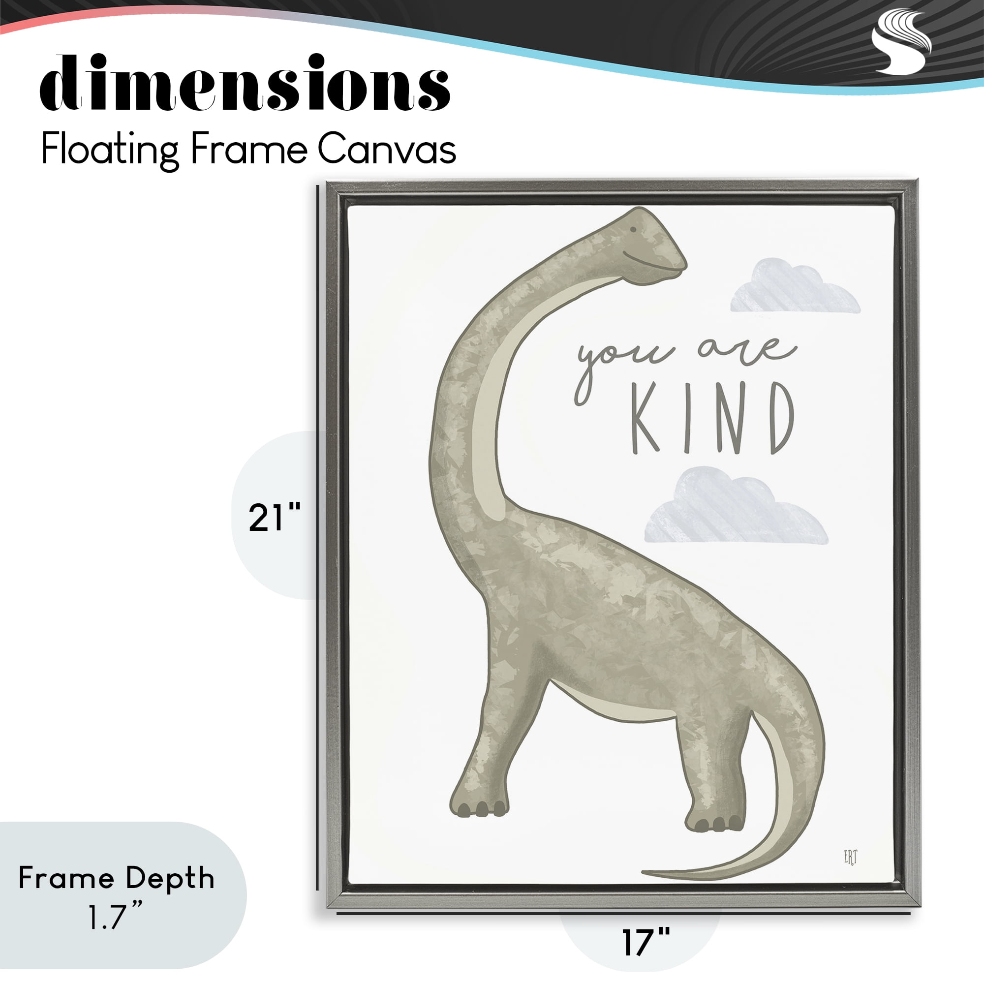Stupell Industries You Are Kind Dinosaur Gray Framed Floater Canvas Wall Art, design by Elizabeth Tyndall