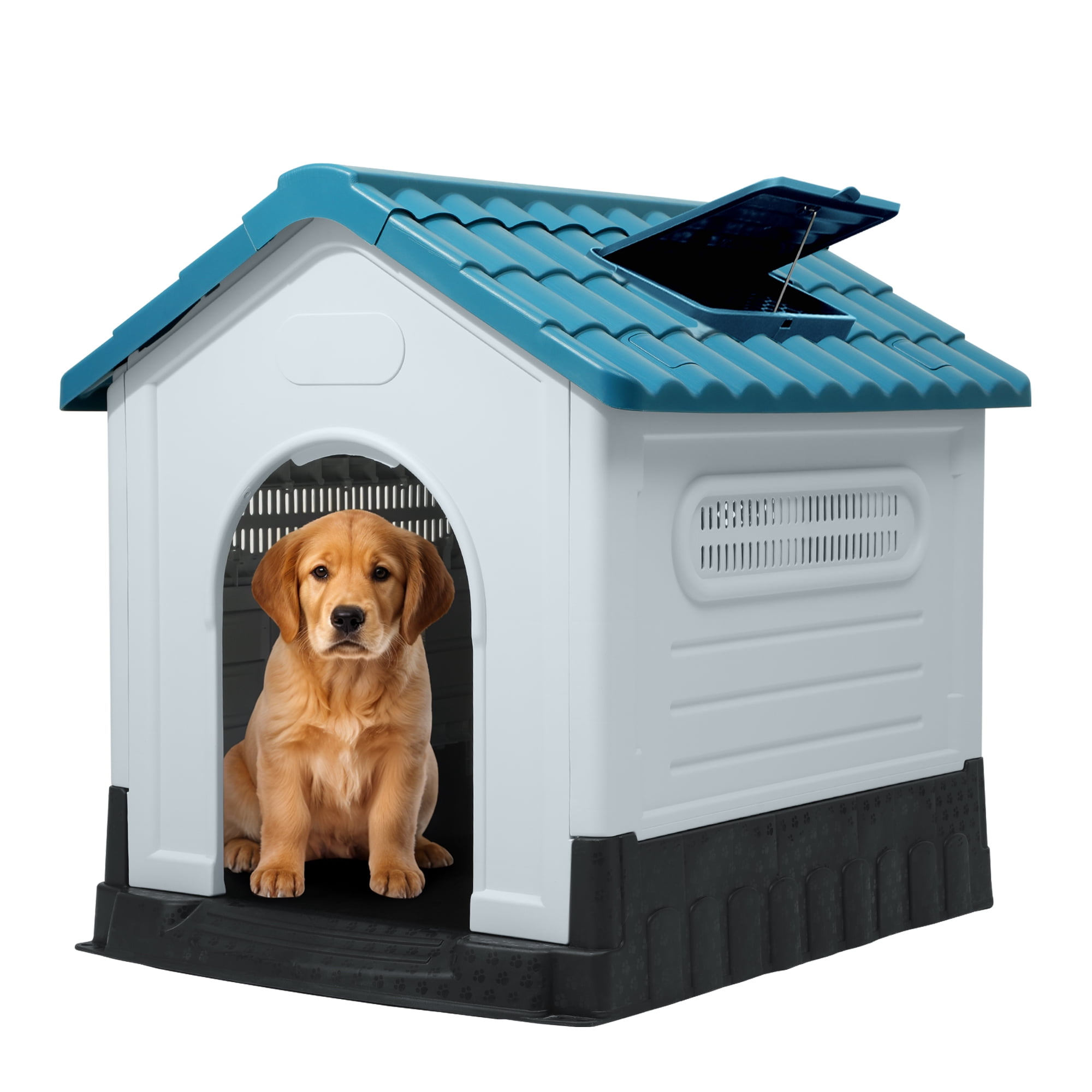 Uforic Foldable Plastic Dog House with Adjustable Skylight and Elevated Floor, Outdoor Indoor Waterproof  Doghouse Puppy Shelter,Blue,26.8''Lx 22.4''Wx 26''H