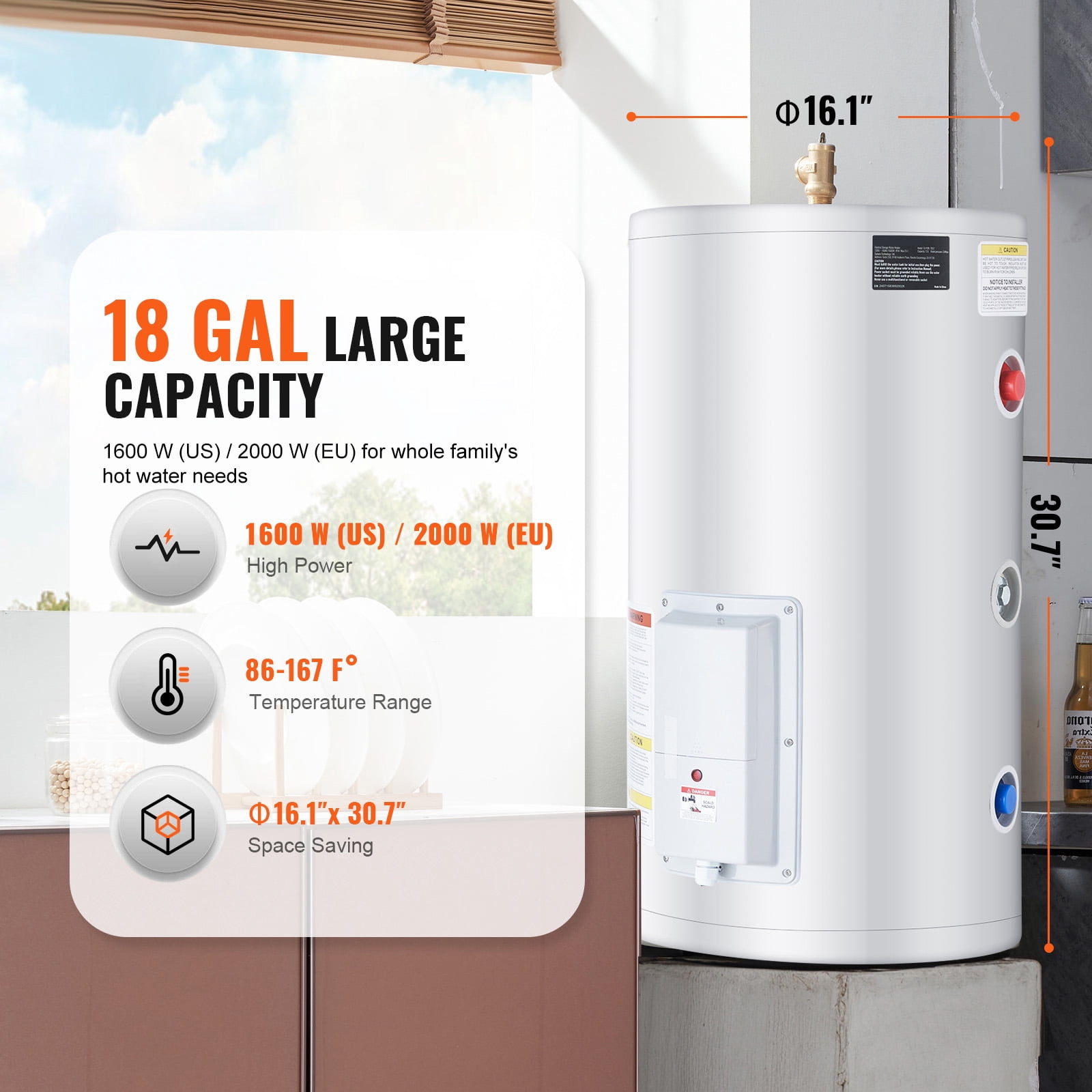 KFFKFF Electric Tank Water Heater, 18-Gallon Tank with LED Heating Indicator, 1.6kW Knob Control, IPX4 Waterproof, Side Connection 120V Storage Design with T&P Valve for Small Spaces, RVs,