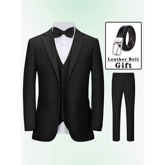 4 Pcs Men Suit Tuxedo Blazer Vest Pants Belt Lapel Collar Two Button Solid Color Sleek Suit Set Long Regular Sleeves for Business Occasions Independence Day Various Festivals