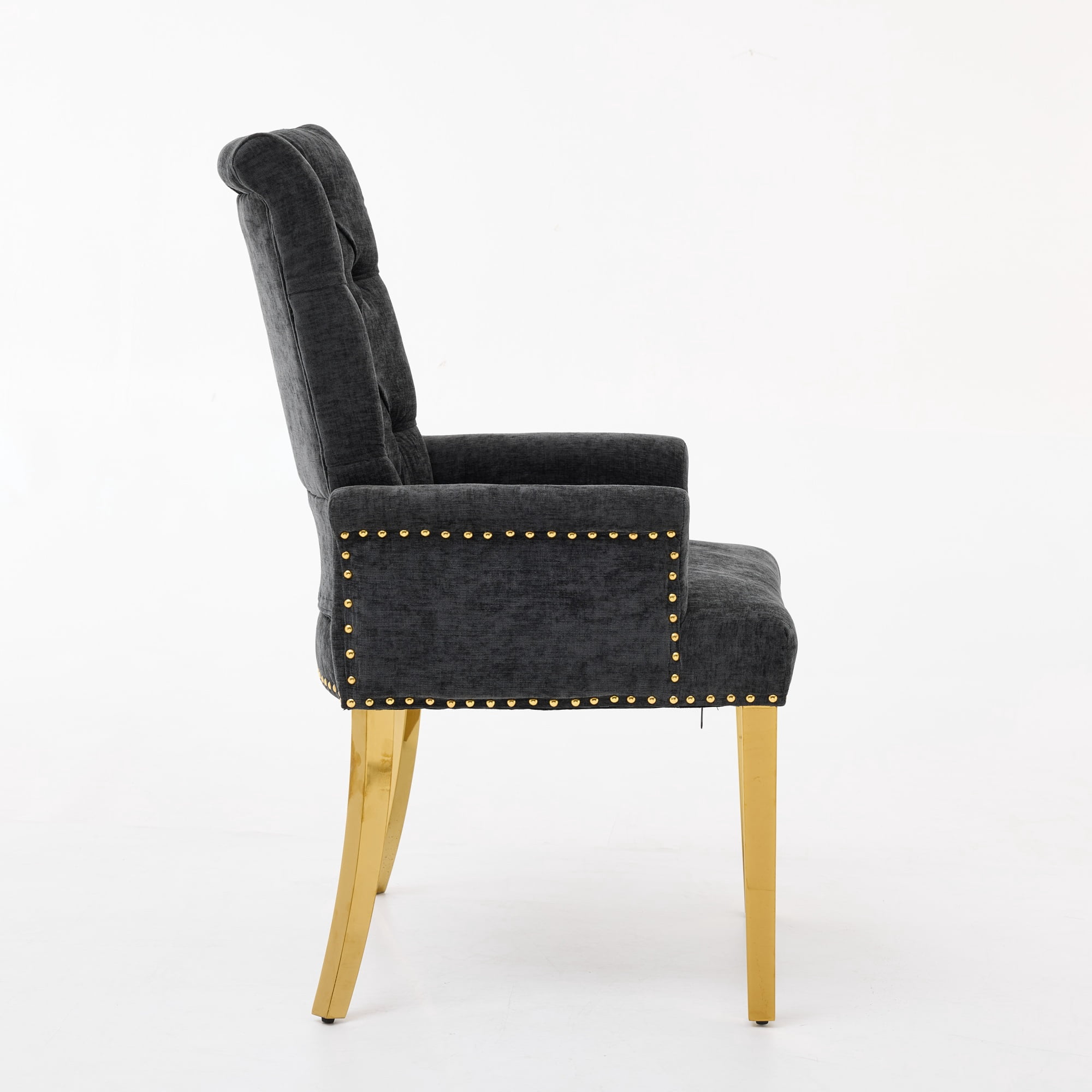 GARITIN Upholstered Dining Chair with Arms, Tufted Button High Back Accent Chair with Nailhead Trim and Stainless Steel Legs, Black & Gold