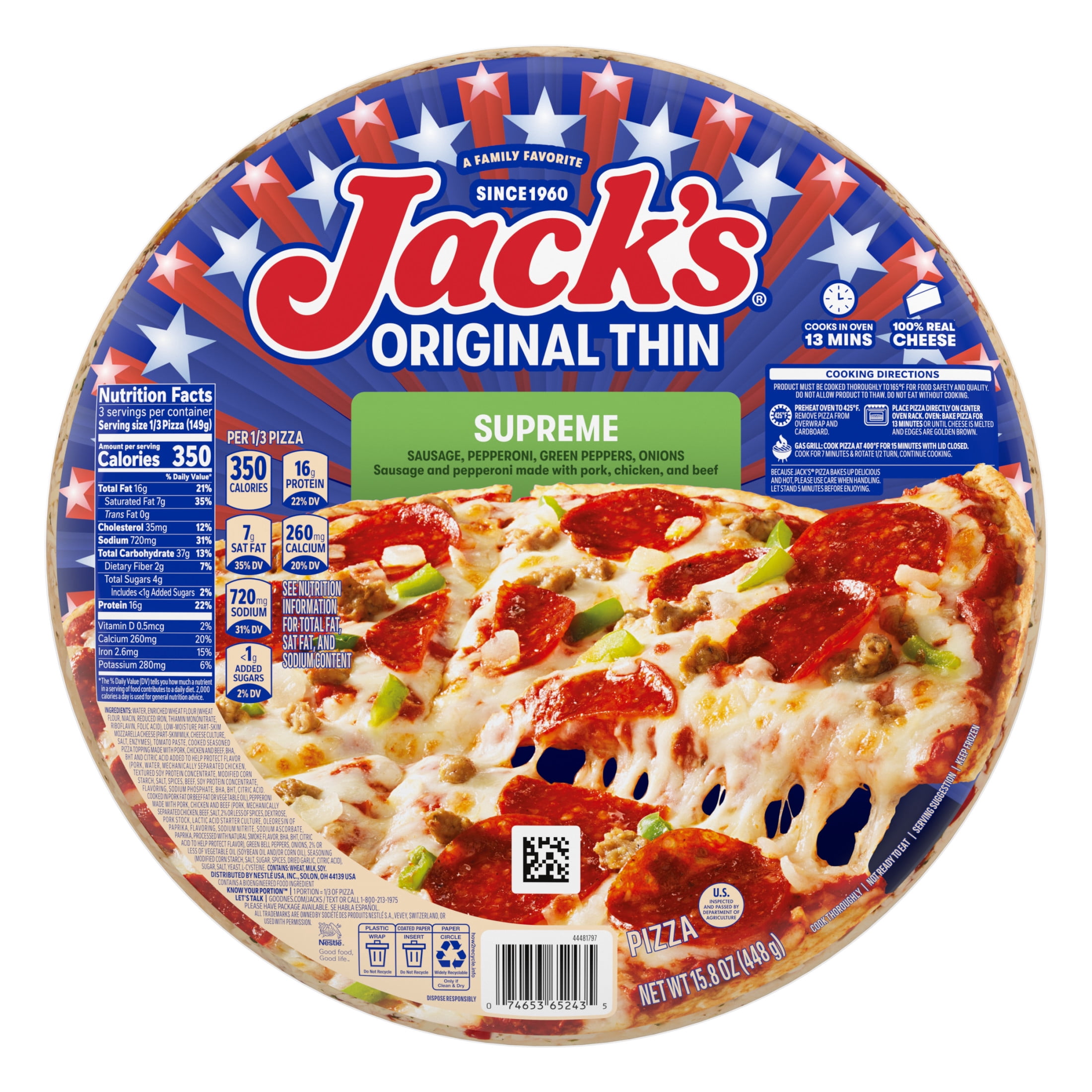 Jack's Frozen Meat Pizza, Supreme and Cheese, Original Thin Crust