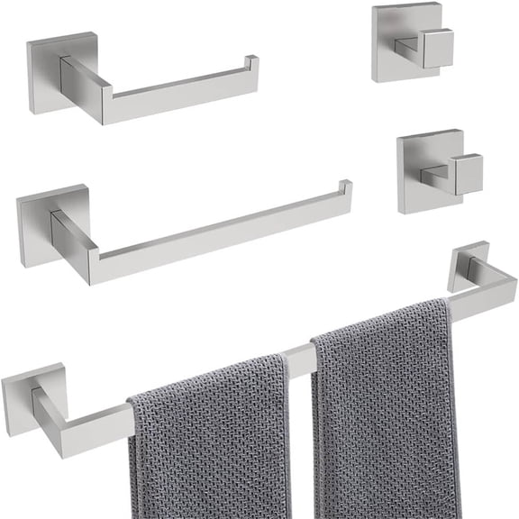5-Piece Brushed Nickel Bathroom Hardware Set, Wall Mounted Thickened 304 Stainless Steel Towel Holder Set, Featuring 23.6" Towel Bar, Hand Towel Rack, Toilet Paper Holder, and 2 Towel Hooks