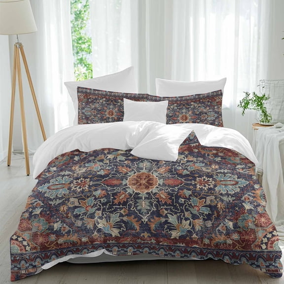3 Piece Retro Boho Duvet Cover Set Twin Size,Microfiber Comforter/Quilt Cover with Corner Ties and 2 Pillowcases,Rustic Flowers Modern Geometric Abstract Art All Season Bedding with Zipper Closure