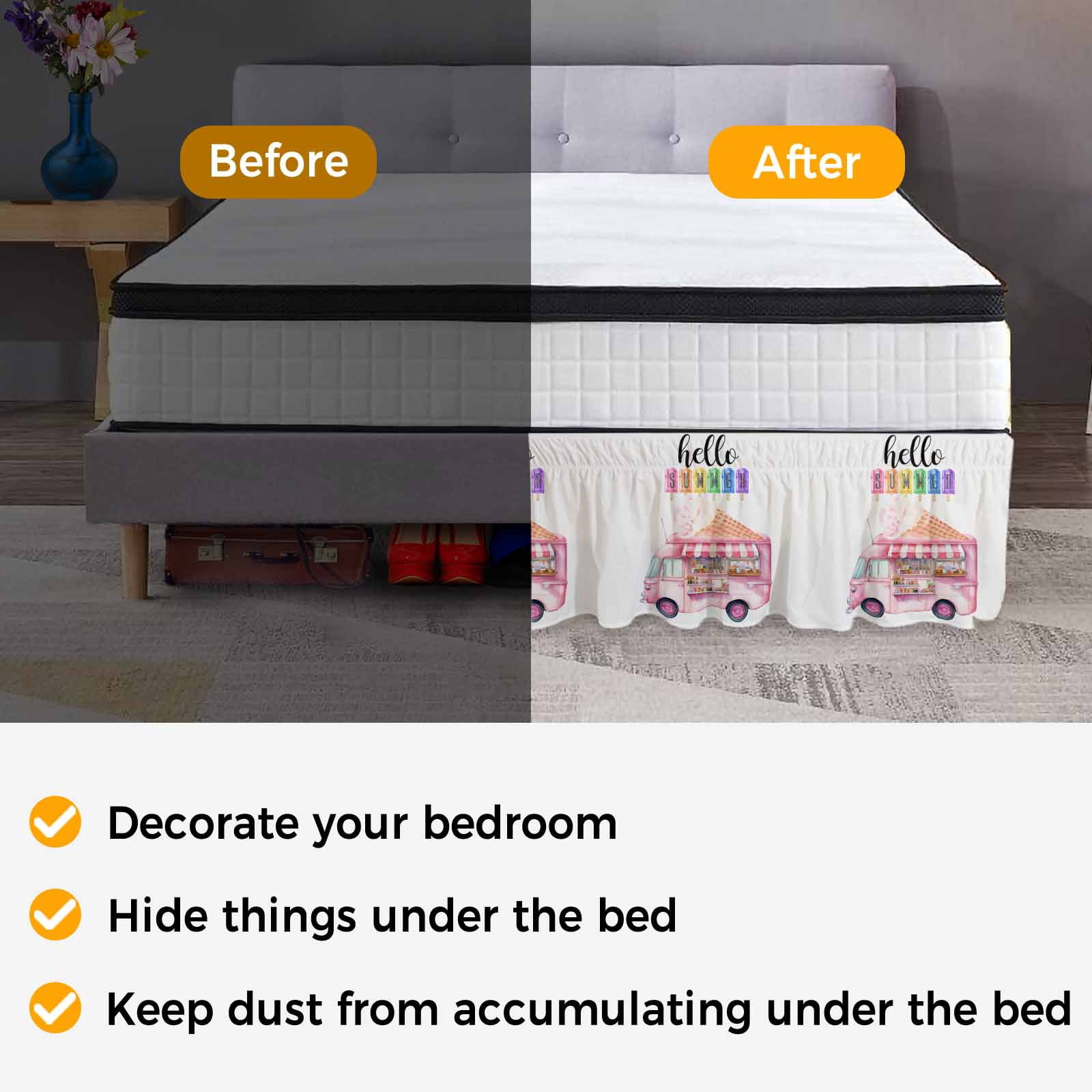 Hello Summer Bed Skirt Queen Size, Pink Ice Cream Truck Watercolor Wrap Around Bed Skirting with Adjustable Elastic Strap, Dust Ruffle Pleated Bedskirts 16 Inch Drop for Bedroom Queen Beds