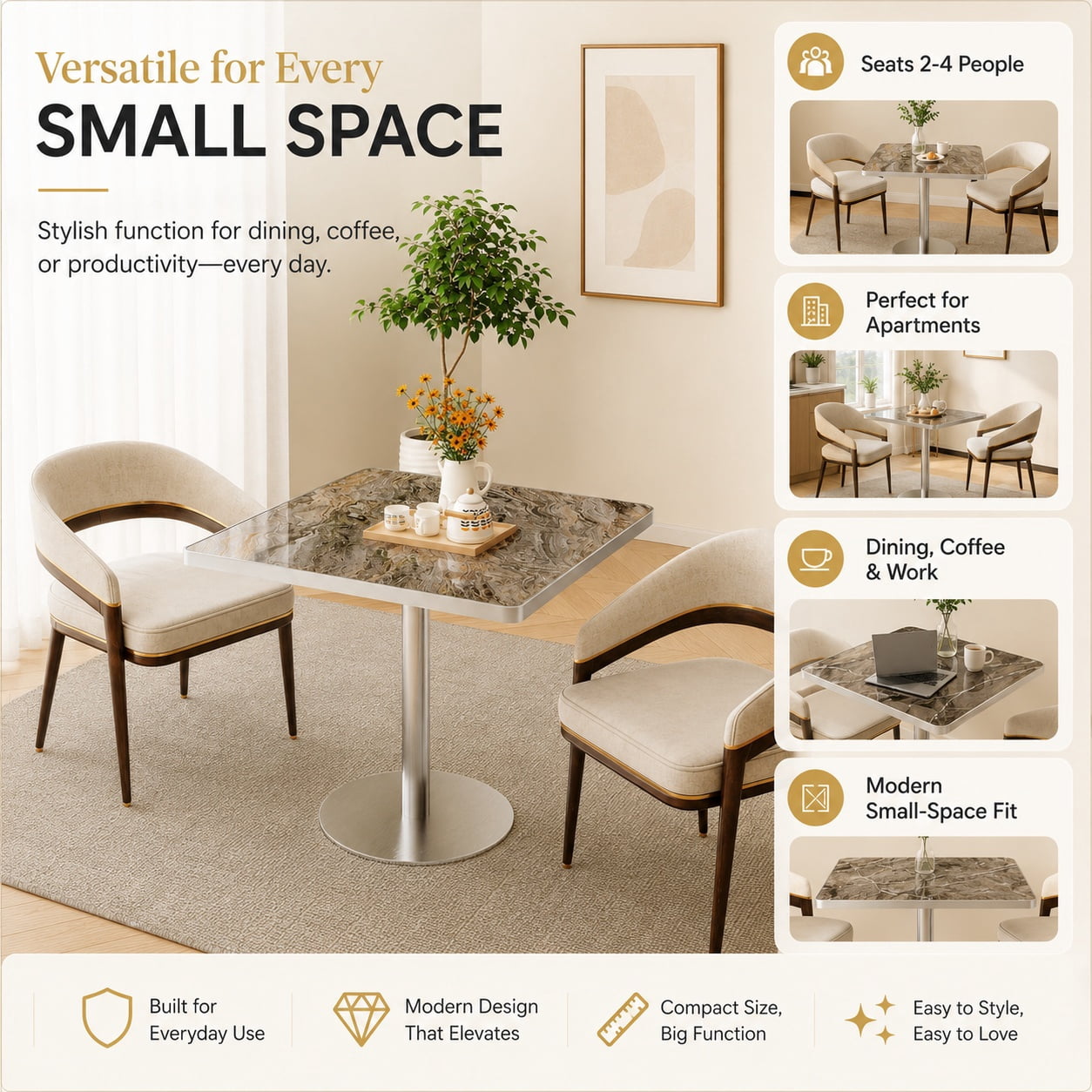 Aukfa 31.5" Square Dining Table for 2-4, Marble-Look Sintered Stone Top, Silver Pedestal Base, Small Spaces,Silver Gray Marble