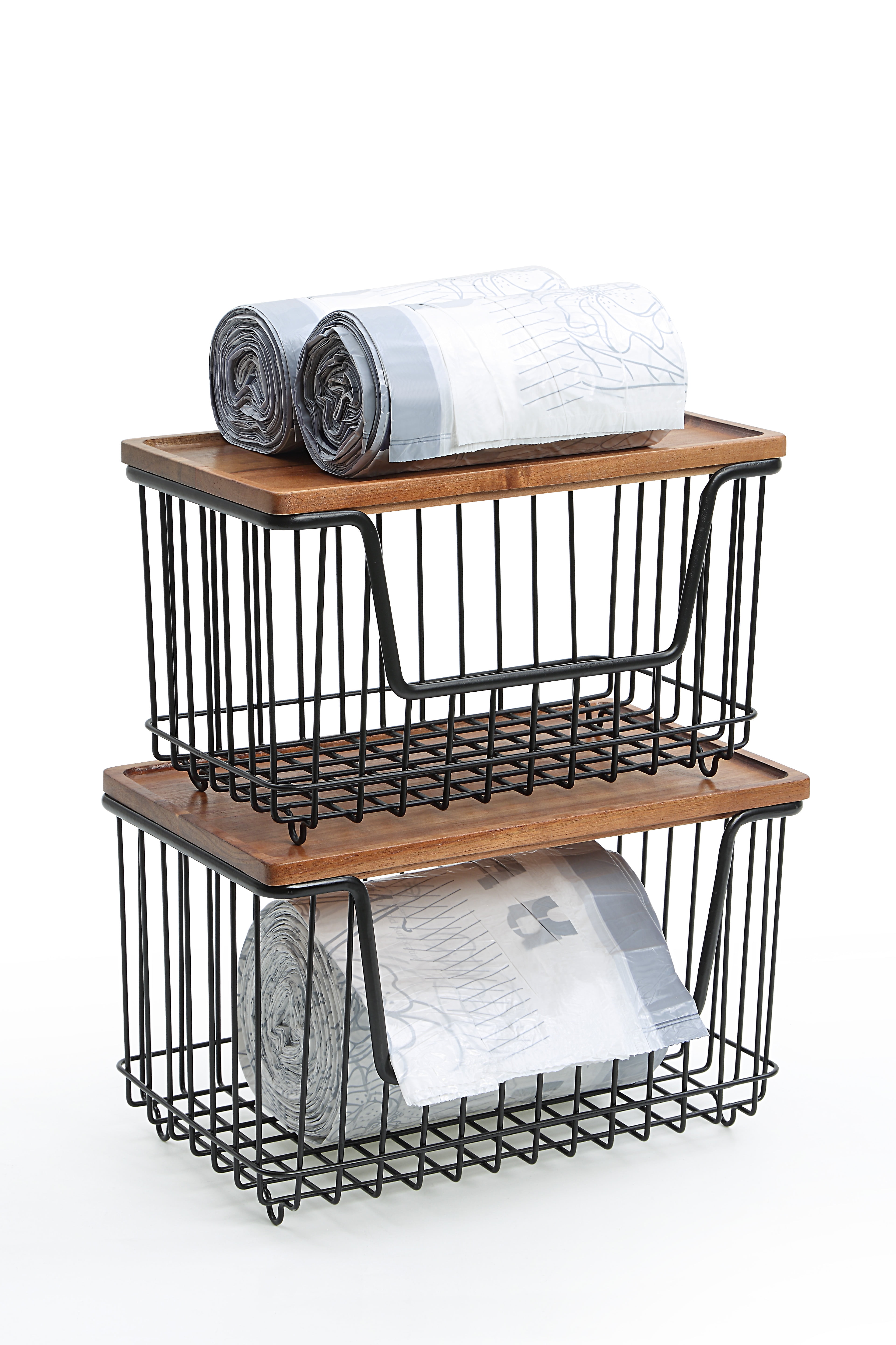 SunnyPoint 2-Pack Stackable Wire Storage Baskets with Acacia Wood Top – Kitchen, Pantry & Laundry Room Organizers (Acacia Wood Top with Black wires)