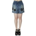 thumbnail image 1 of Women Blue Medium Wash Denim Black Rose Appliques High Waist Shorts, 1 of 3