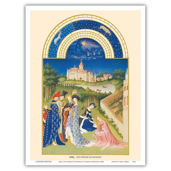 April: The Château de Dourdan - Book of Hours (Très Riches Heures) - Vintage Illuminated Manuscript by Limbourg Brothers c.1400s - Master Art Print (Unframed) 9in x 12in