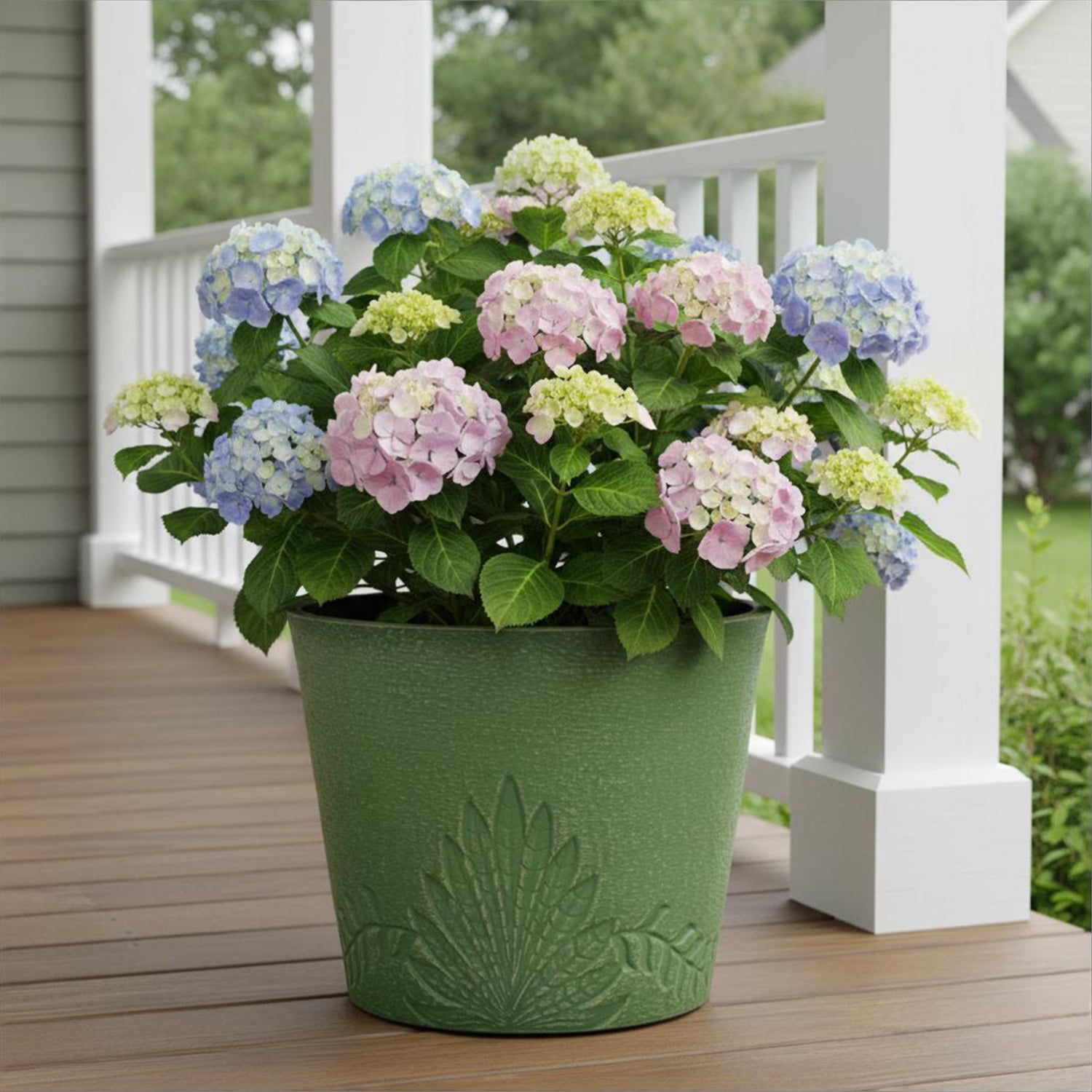 GreenShip 15 inch Large Planters, Set of 2 Relief Planters - Recycled Resin & Stone Composite Flower Pots - Weather Resistant Lightweight Garden Pots for Indoor Outdoor Plants