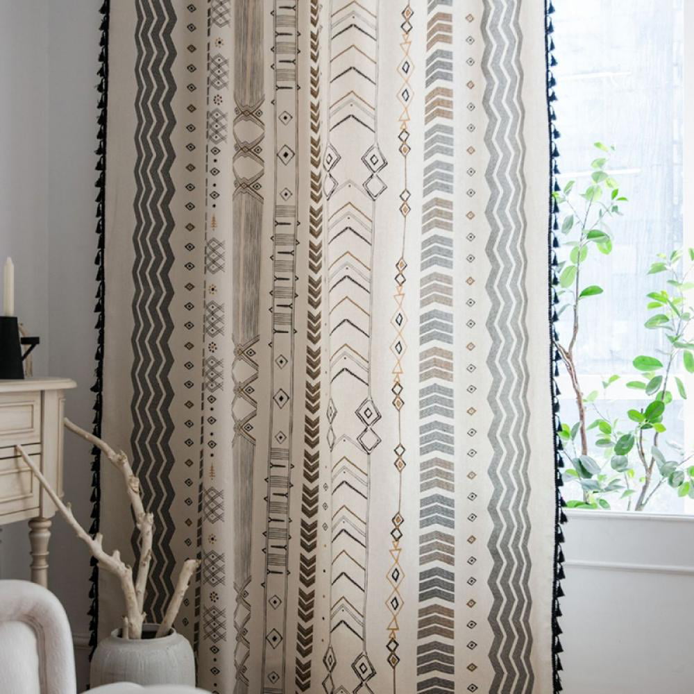 Geometry Boho Tassel Curtains Bedroom Living Window Cotton Linen Draped Curtain 