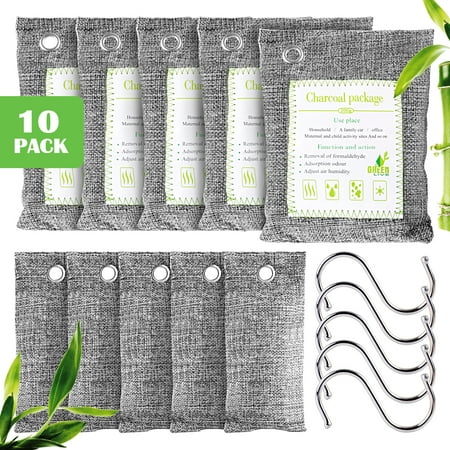 Sekkvy 10 Pack Bamboo Charcoal Air Purifying Bag with 5 Hanging Hooks Natural Freshener Burlap Bag for Shoes Pets Bathroom Basement 5 x 200g+5 x 75g