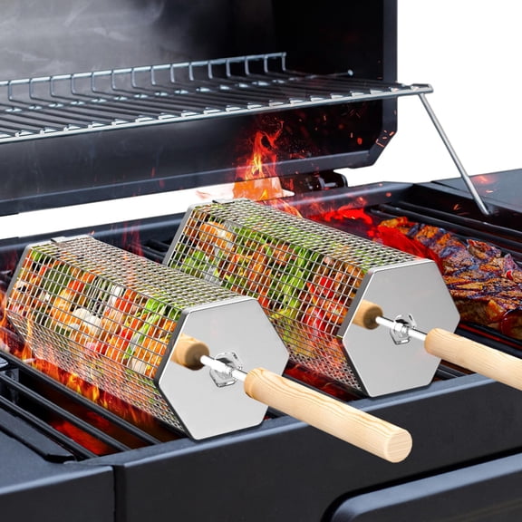 Stainless Steel Rolling Grill Basket With Removable Wooden Handle