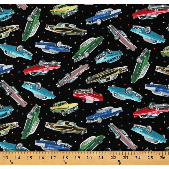 Cotton Classic Cars Vehicles Automobiles Transportation In Motion Black Cotton Fabric Print by the Yard (672BLACK)