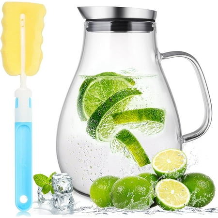 

Glass kettle with detachable lid and wide handle suitable for easy to clean juice pots in refrigerators beverage bottles for cold/hot water iced tea and comes with 1 long handle brush