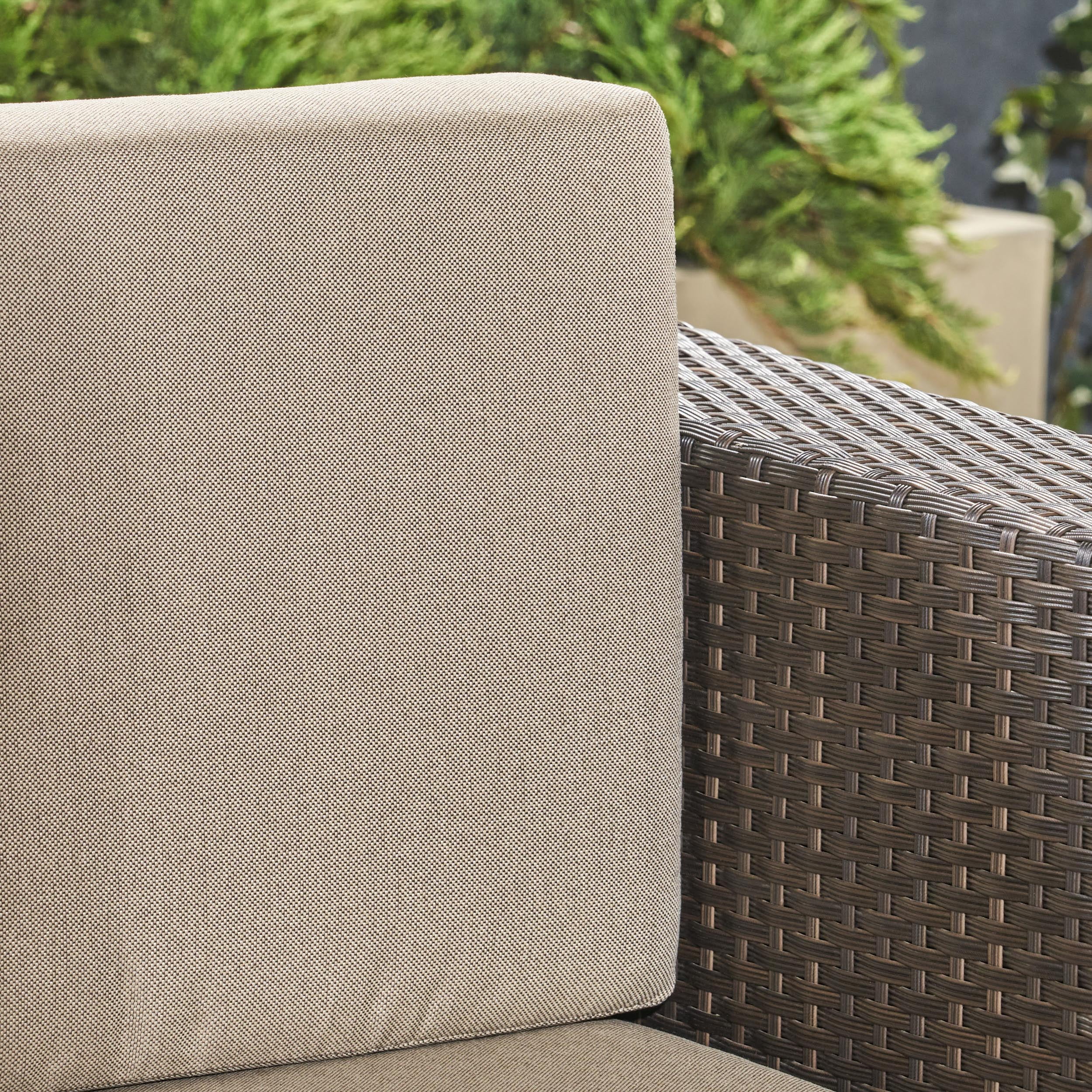 Lola Outdoor 5 Piece Swivel Wicker Club Chair Set with cushions and Round Fire Pit, Dark Brown, Beige, Light Gray