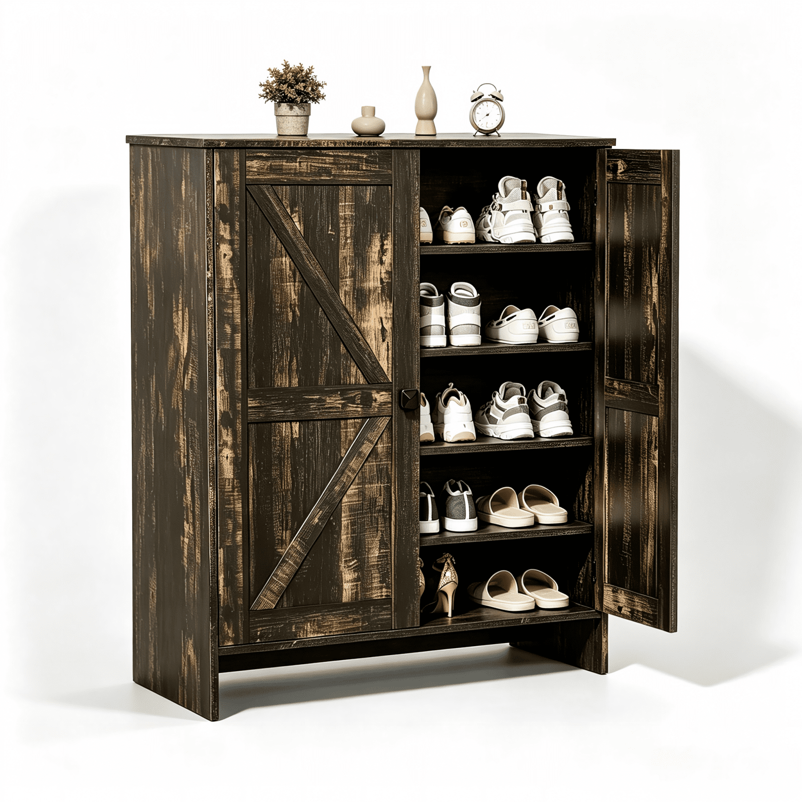 2-Door Barn Door Shoe Cabinet with Sliding Doors and Black Handles