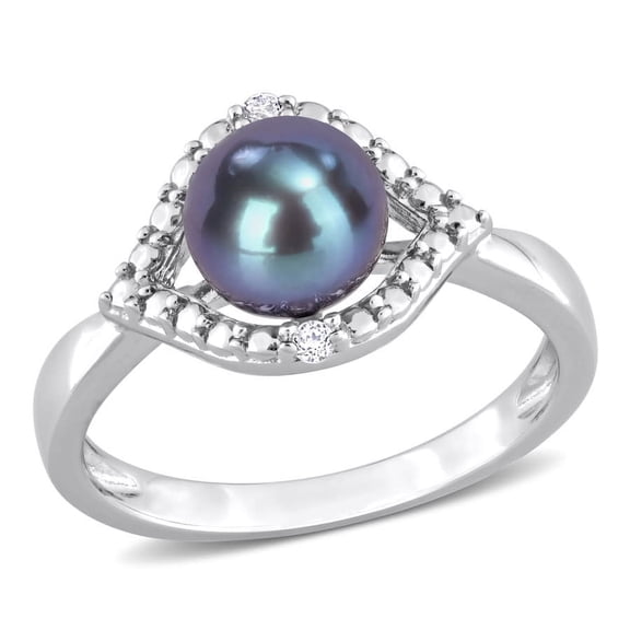 AMOUR 7-7.5mm Black Freshwater Cultured Pearl and White Topaz Halo Ring In Sterling Silver