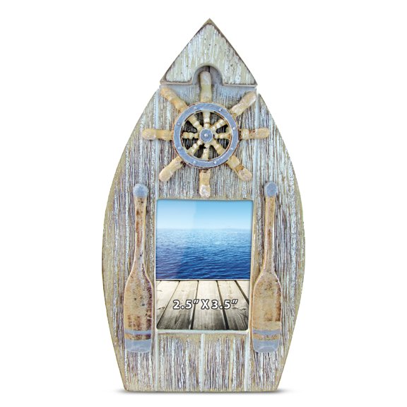 CoTa Global Vintage Boat Frame - 2.5x3.5 White Distressed Wood Seashell Photo Frame for Summer Vacation Memory, Handmade Tropical Sand Nautical Picture Frame For Tabletop or Wall Hang - 8.25 Inches