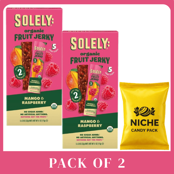 Solely Organic Mango & Raspberry Fruit Snack Jerky, 4.1 oz, 5‑Count – 2 Pack – Organic, Non‑GMO, Gluten‑Free, Vegan Snack