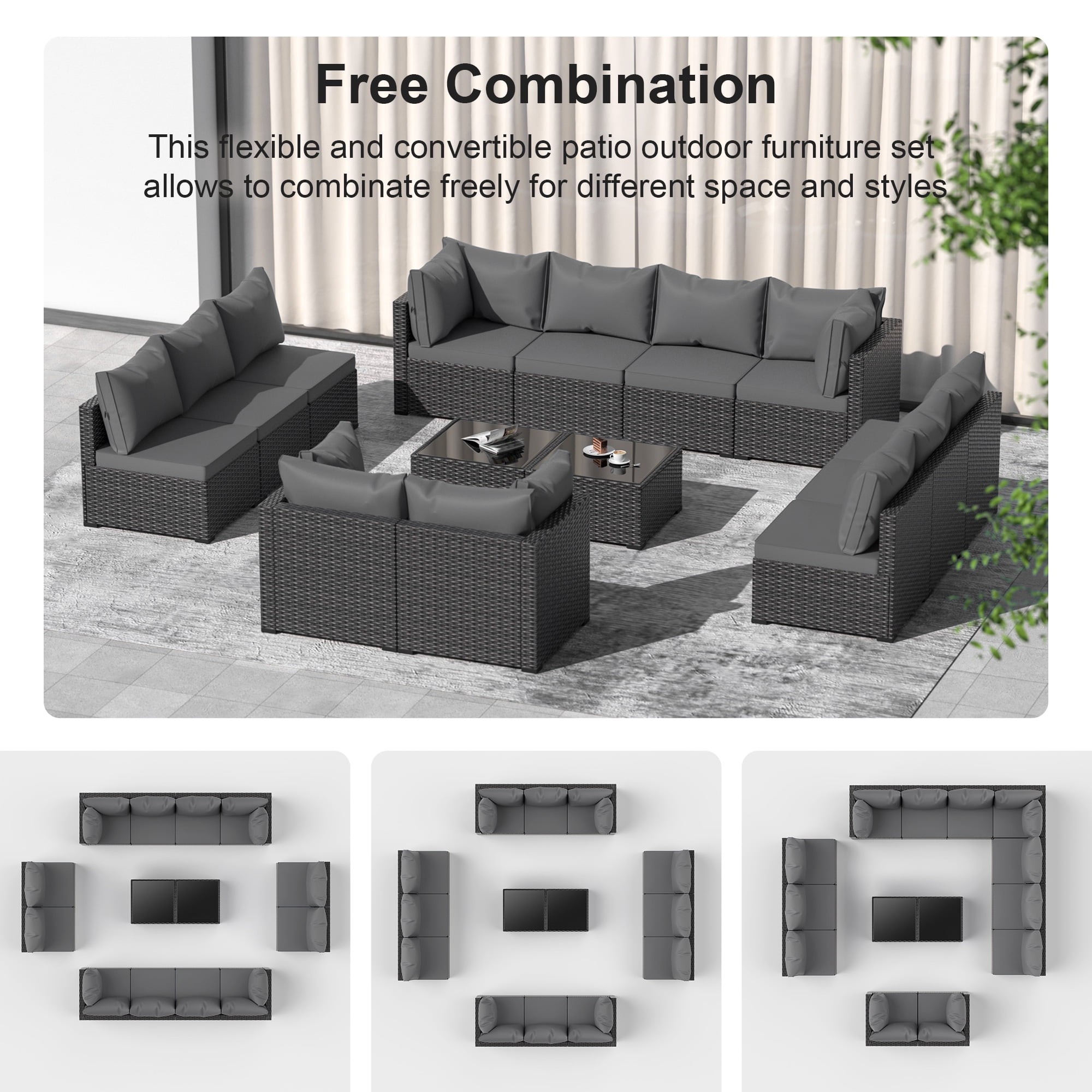 Phonjoroo Patio Furniture Set 14 Pieces Outdoor Patio Furniture Wicker Sectional Furniture Sofa Conversation Sets with Cushions All Weather Outside Patio Seating, Gray