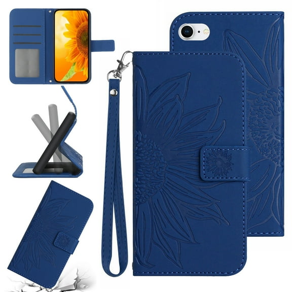 Wallet Case for iPhone SE 2022/iPhone SE 2020/iPhone 8/iPhone 7,for Men Women,Sunflower Embossed Pattern PU Leather Flip Cover Magnetic Card Slots Stand Phone Case with Hand Strap,Darkblue