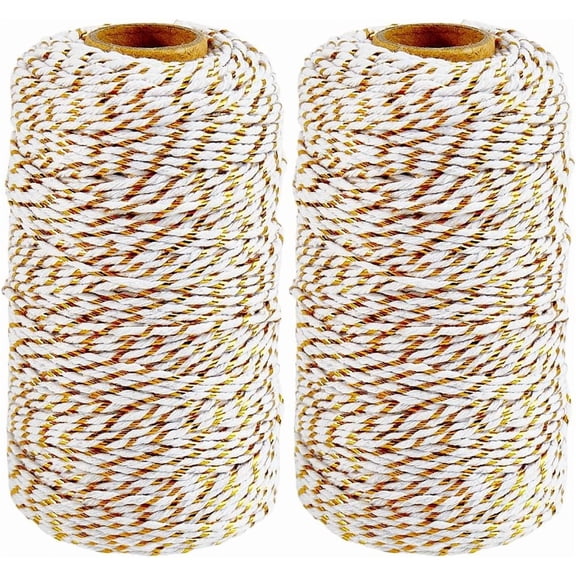 2 Rolls 656 Feet 2MM White and Gold Cotton Twine String Metallic Twist Bakers Packing Cord Macrame Round Braid Thread Bulk for Crafts Wedding Christmas Party Decor Gift Wrapping Gardening