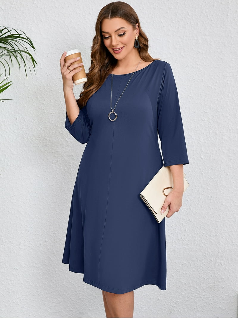 SHOWMALL Womens Plus Size Midi Dresses Navy Blue 1X Shirt Dresses