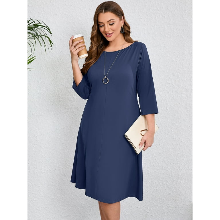 SHOWMALL Womens Plus Size Midi Dresses Navy Blue 3X Shirt Dresses 3 4 Sleeves Casual Dress Boat Neck Flowy Dress with Pockets