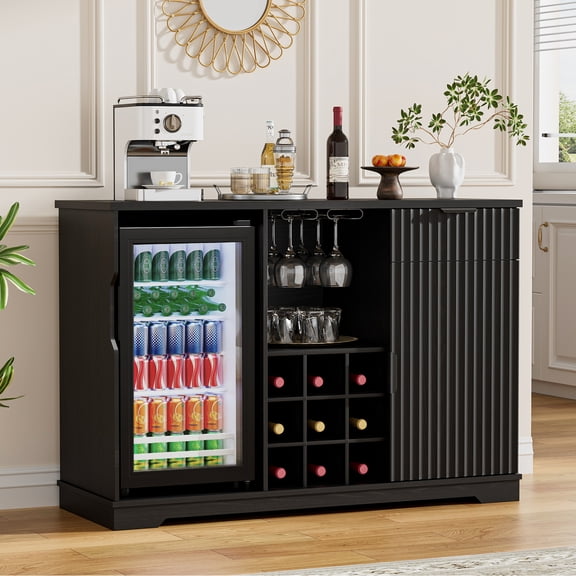 MIIFUNY Fluted Coffee Bar Cabinet with Fridge (Fridge Included), 47" Wine Bar Cabinet with Wine Rack and Glass Holder, Liquor Cabinets with Drawer & Storage, Home Bar for Dining Room Kitchen, Black