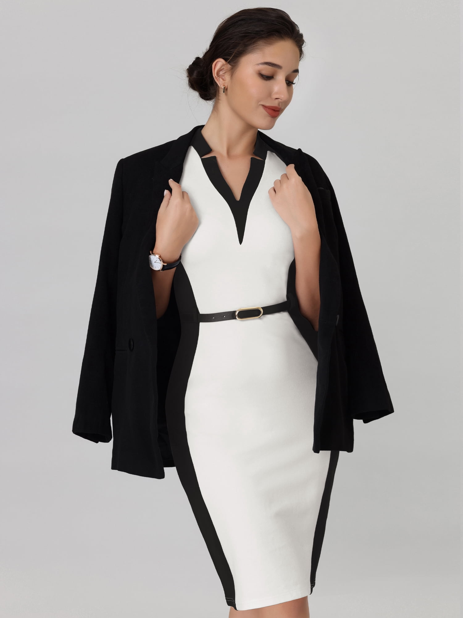 DARING DIVA Sheath Dress Contrast Color Office Pencil Dresses S White S White Black