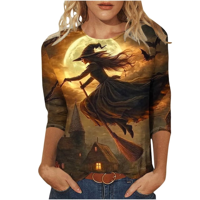 Chandail à Capuche Oversize pour Femmes, Mode Halloween, Col Rond Imprimé, Manches Trois-Quarts, T-shirt Ample, Col Rond, Grande Taille, Multicolore