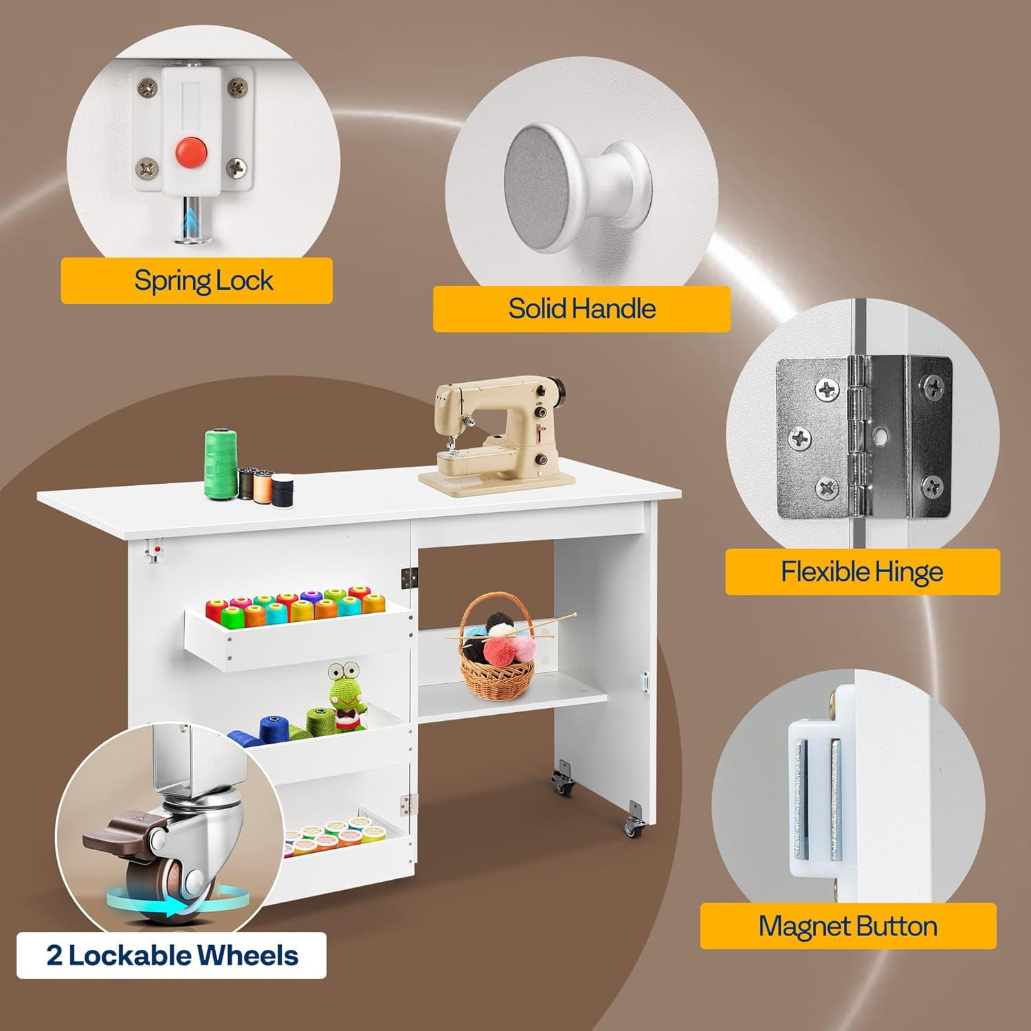 SPECSTAR Folding Sewing Craft Table, Rolling Sewing Machine Desk with Storage Shelves, Sewing Cabinet with Lift for Small Spaces, White