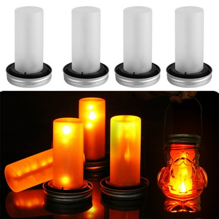 

4 Pcs LED Solar Mason Jar Lids Lights for Bottle Simulation Flame Flickering Garden Wedding Patio Home Decoration Lights