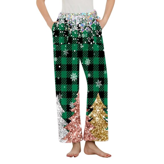 Flannel Pajama Pants Women Casual Loose Fuzzy Pjs Bottom Christmas Printed Pajamas with Pockets Warm Loungewear