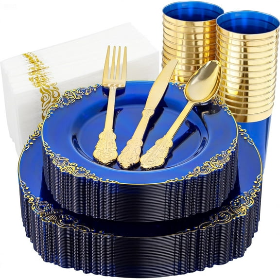 175PCS Clear Blue Plastic Plates - Plastic Dinnerware Set Include 25Dinner Plates, 25Dessert Plates, 25C  s, 25Forks, 25Knives, 25Spoons, 25Napkins Perfect for Wedding & Party