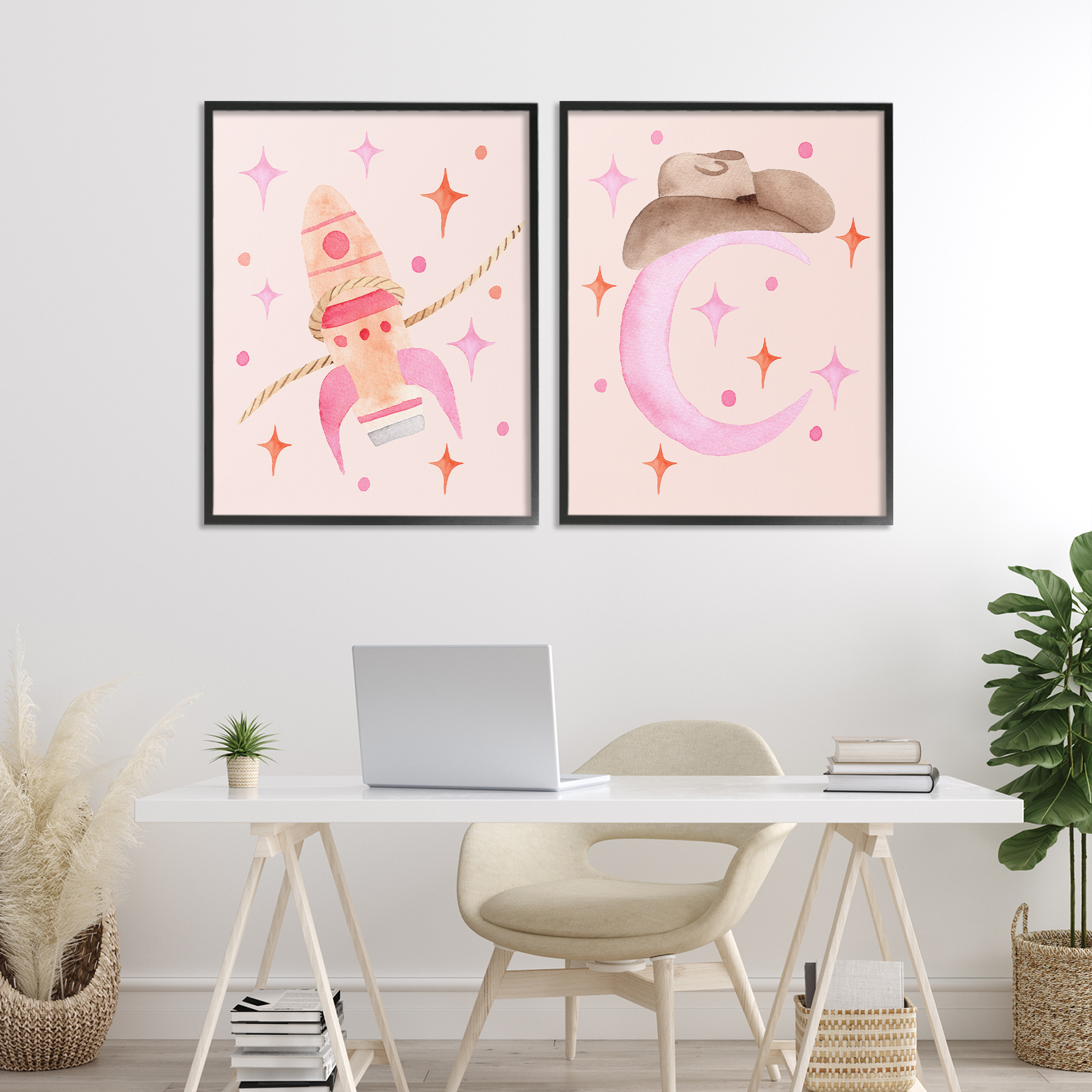 Space Cowgirl Rocket Ship 2 Piece Black Framed Giclee Art Set, design by Nina Jacobs