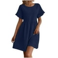 thumbnail image 1 of Daiosportswear Robe d'Été pour Femmes Col Rond Manches Courtes Mélange Coton Lin Ample Couleur Unie Poche Mode Jupe Mini, Robe Manches Courtes Bleue G(L), 1 of 7