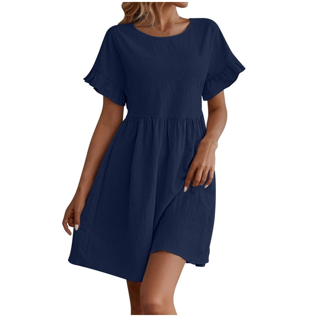 Daiosportswear Robe d'Été pour Femmes Col Rond Manches Courtes Mélange Coton Lin Ample Couleur Unie Poche Mode Jupe Mini, Robe Manches Courtes Bleue G(L)