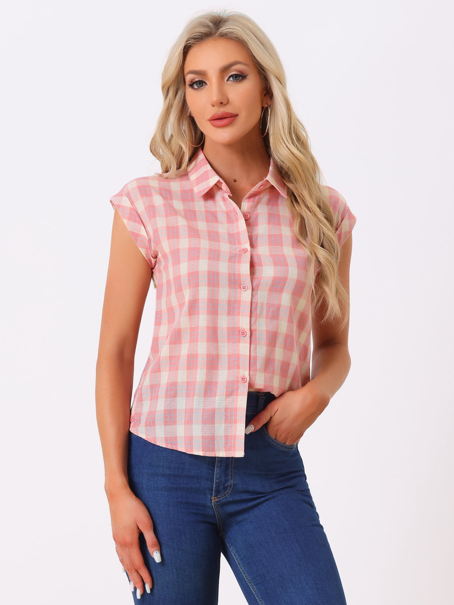 DARING DIVA Women's Summer Plaid Short Sleeves Button Down Shirts S Pink-Beige