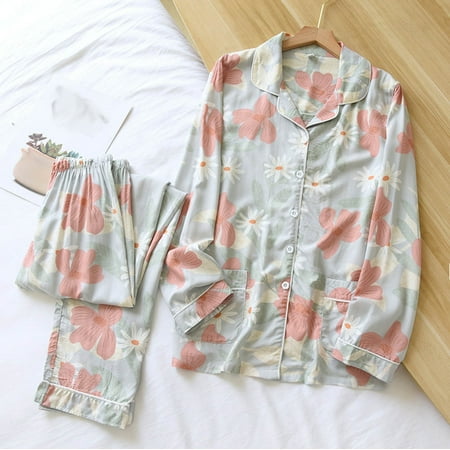 

Mrat Pajama Sets Knit Pajama Long Sleeve 2 Pieces Ladies Pajamas Sets Cotton Pyjama Ladies Pajamas Sleepwear Sets Spring Summer Homewear Cartoon Print Sleepwear