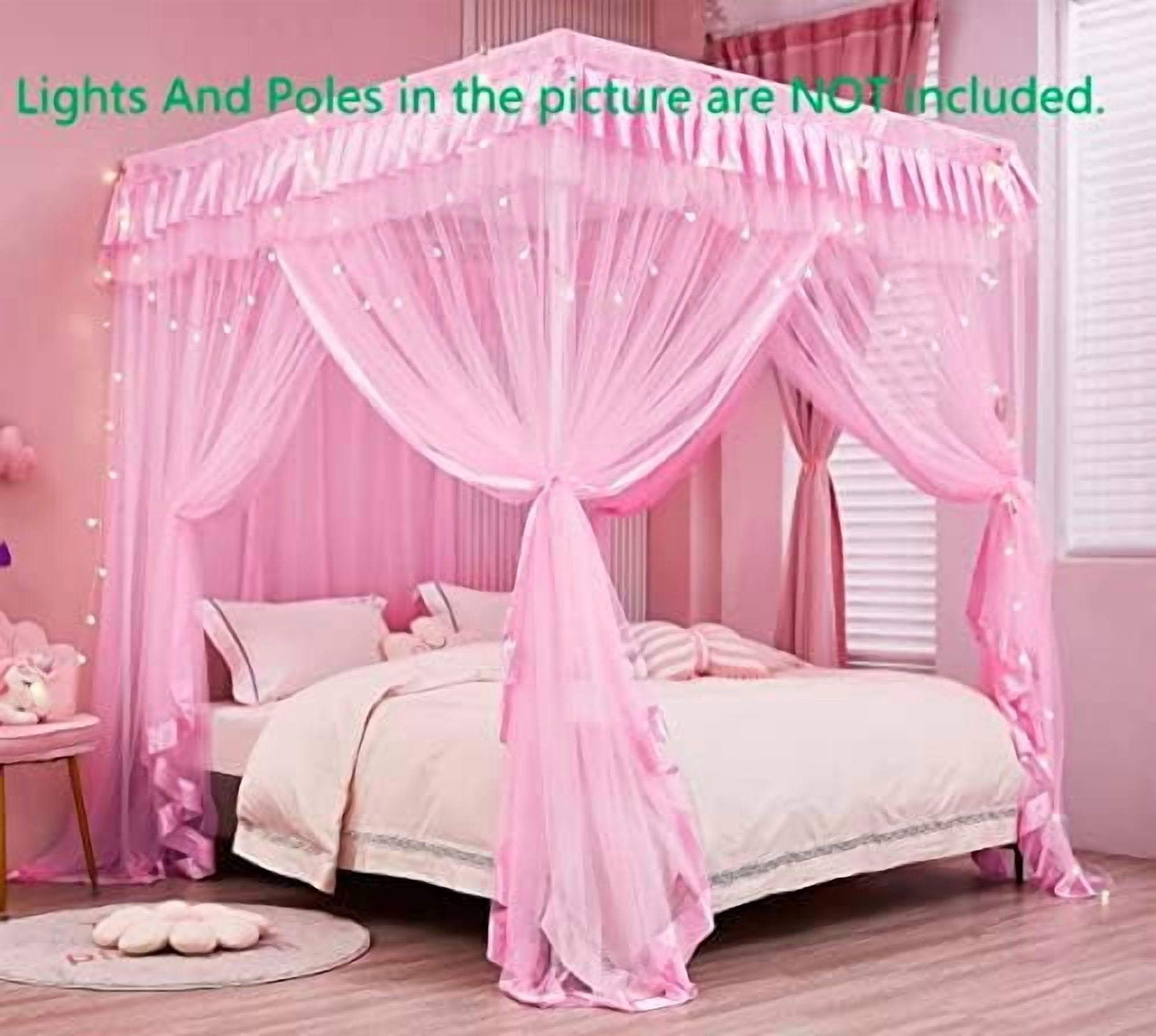 4 Corners Post Canopy Bed Curtains for Girls Full Size - Royal Luxurious Cozy Drape Canopy Bed Frames Netting for Kids Adults- Cute Princess Bedroom Decoration (Pink)