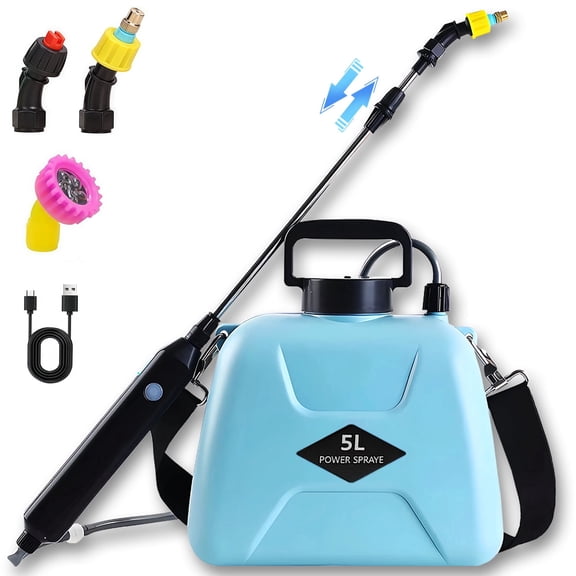 Kisportee Battery Powered Sprayer, 1.35 Gallon/5L Electric Lawn Sprayer with 2500mAh USB Rechargeable Handle, Portable Garden Sprayer with 3 Mist Nozzles, Blue