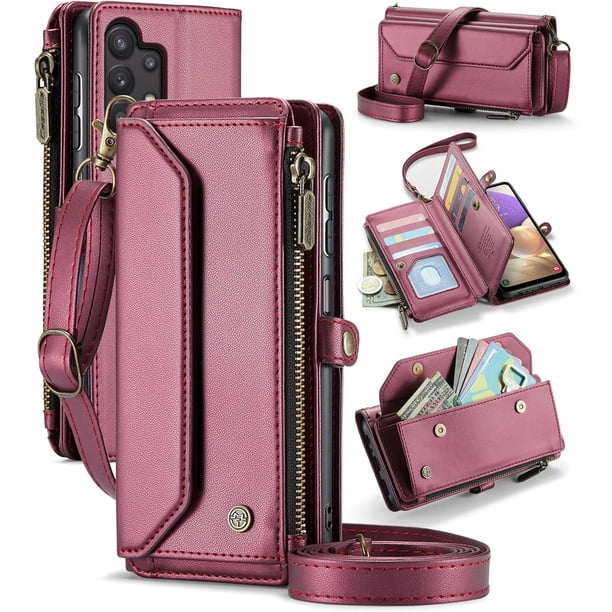 funda billetera para Samsung Galaxy A32 con Protección RFID, Ranuras para tarjetas, Pata de Cabra, Correa Desmontable-Funda para teléfono tipo Bandolera con Tapa de Cuero PU a prueba