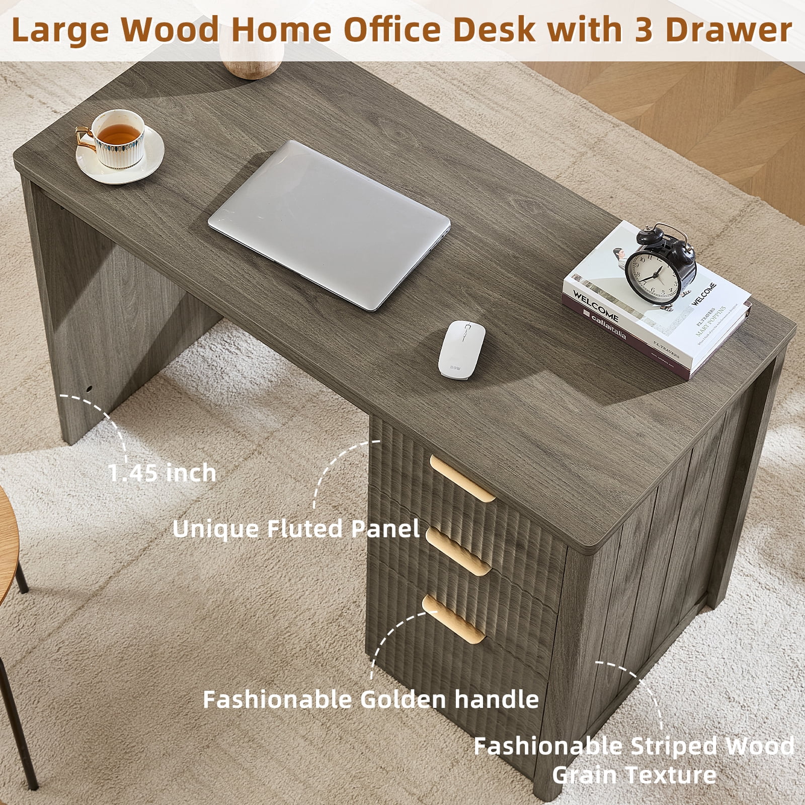Leyaoyao 48" Fluted Computer Desk with 3 Drawers & Metal Handles, Modern Executive Desk, Writing Desk for Home Office Bedroom, Grey Oak