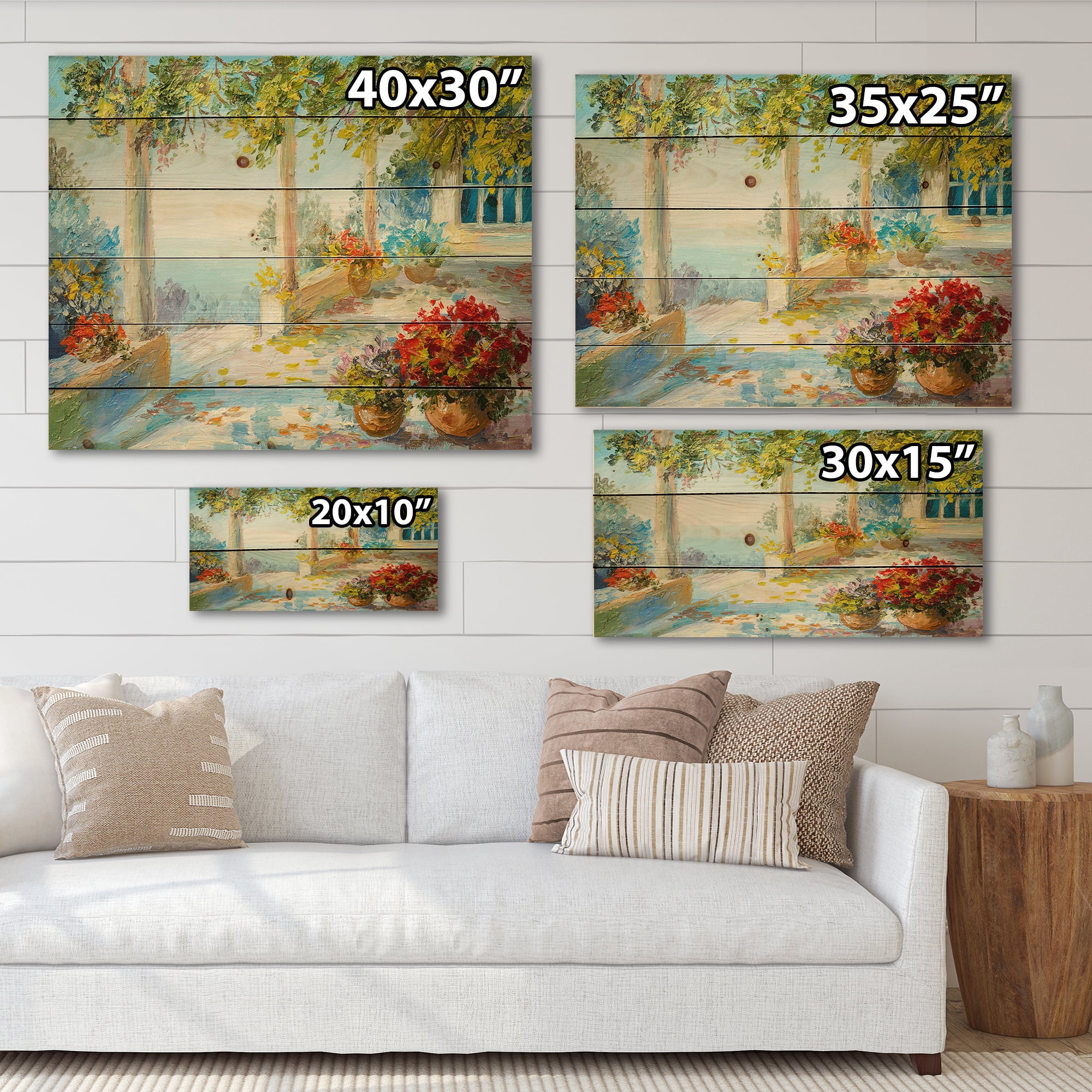 Designart 'Terrace With Red Flowers Near The Sea' Nautical & Coastal Print on Natural Pine Wood